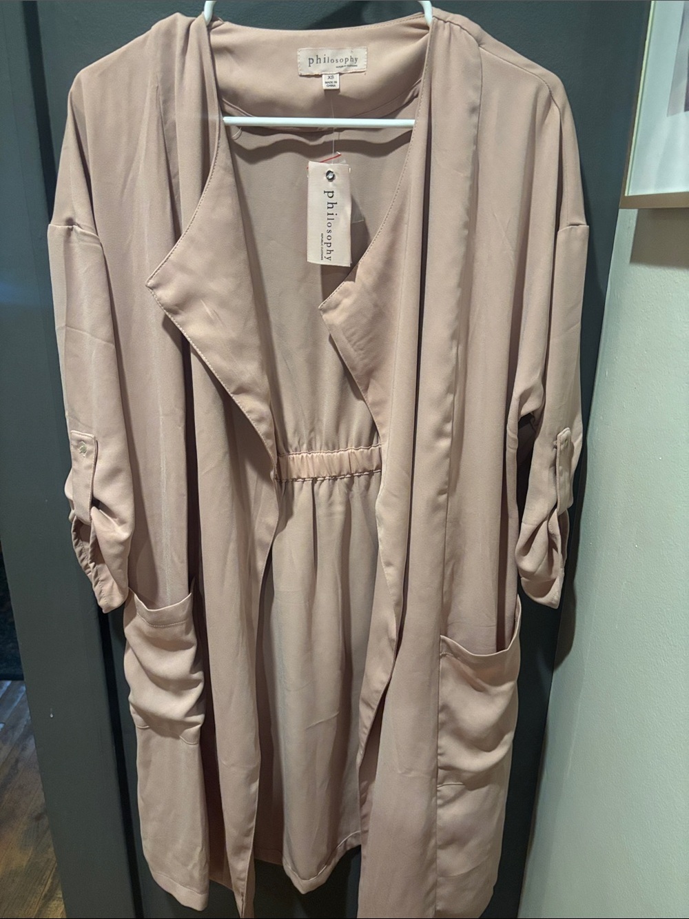 Philosophy Blush Beige Open-Front Duster with Pockets
